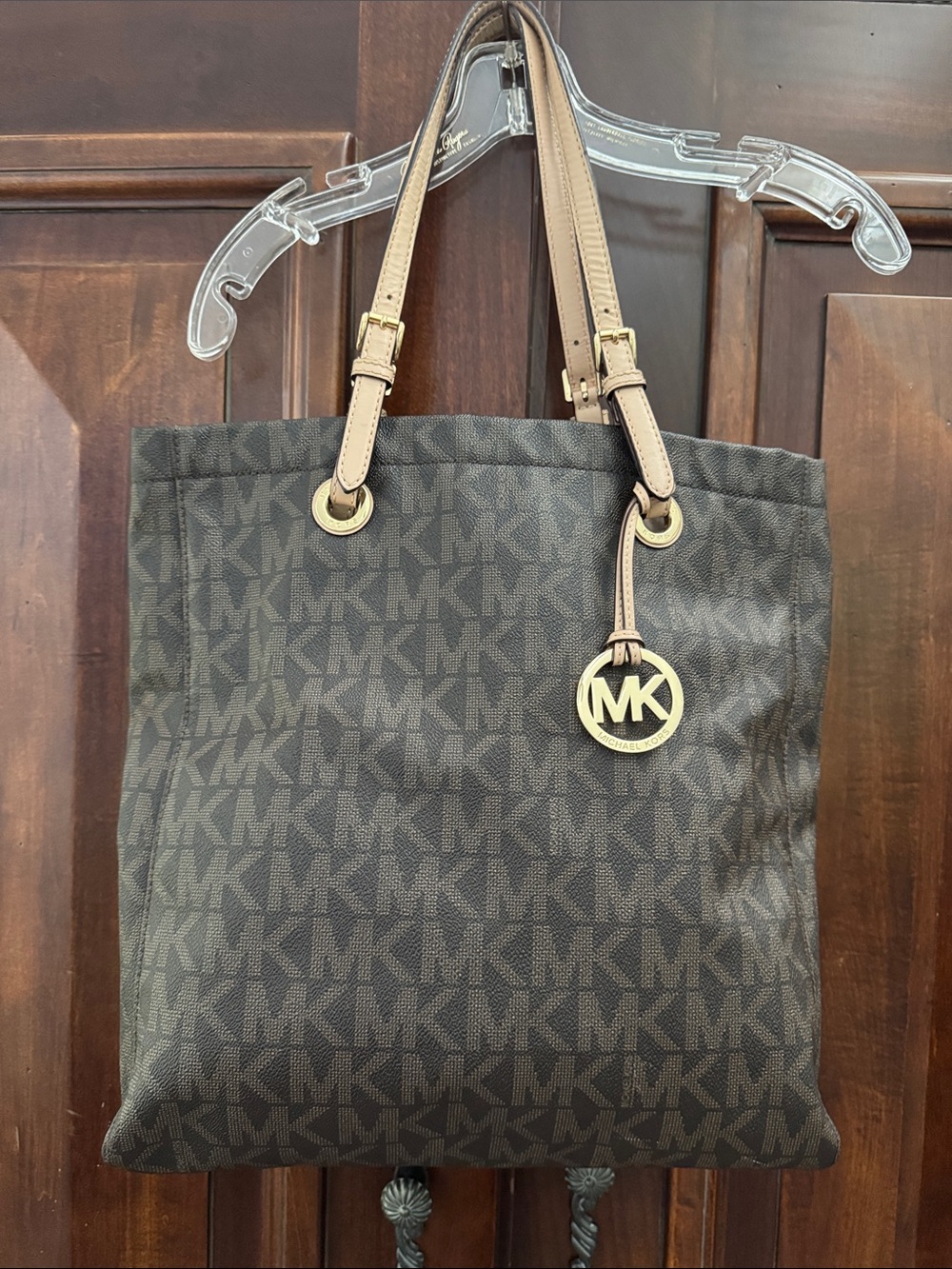 MICHAEL Michael Kors Brown MK Logo Tote with Tan Leather Straps
